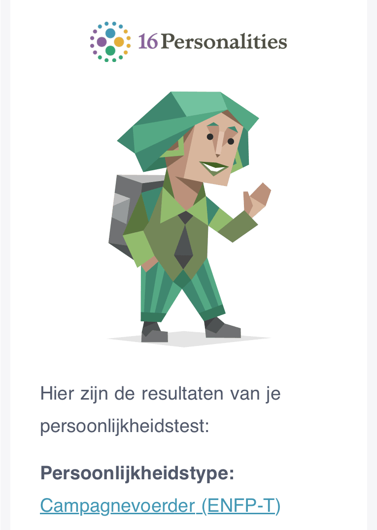 Uitslag test 16 personalities (Gratis Persoonlijkheidstest, Typebeschrijvingen, Relatie- en Carrièreadvies | 16Personalities, z.d.)